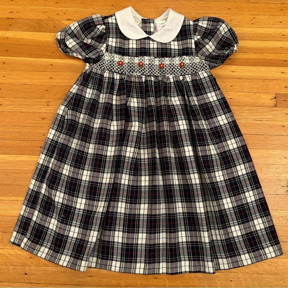 Little Bitty Vintage black plaid smocked short sleeve plaid dress